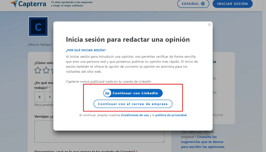 Registro de cuenta Capterra