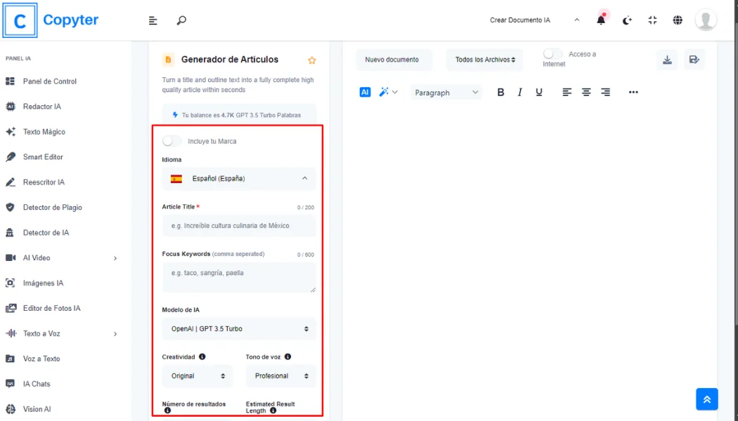 Copyter artikelgenerator indstillinger