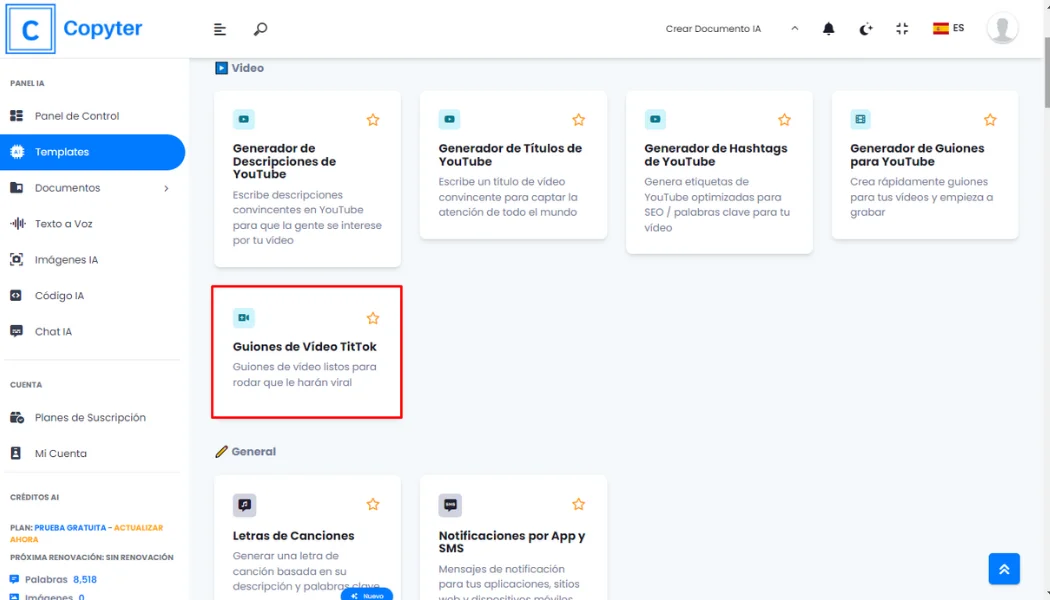 Wählen Sie Copyter Tiktok Video Script Generator Auswahl des Tiktok-Videoskriptgenerators