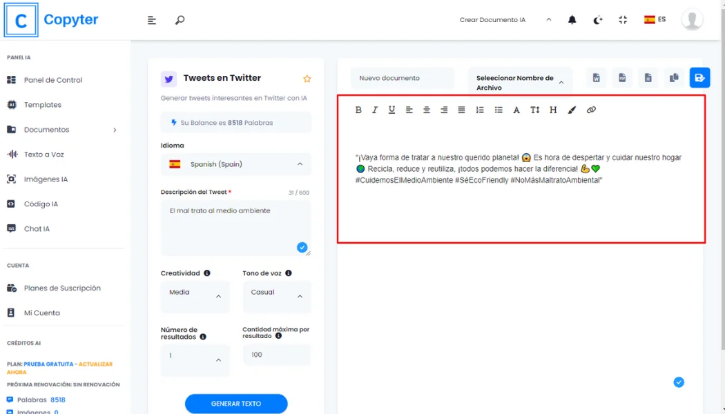 Überprüfen Sie den von Copyter generierten Tweet Bearbeiten Sie den generierten Tweet