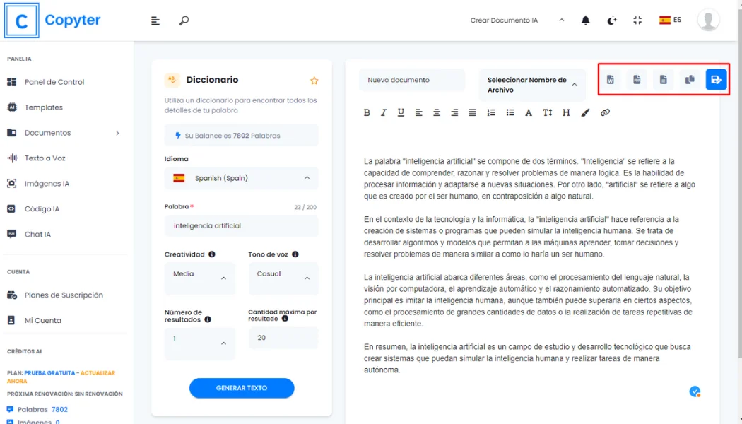 Speichern Sie den Bedeutungsgenerator von IA Copyter Copyter-Ergebnisse speichern