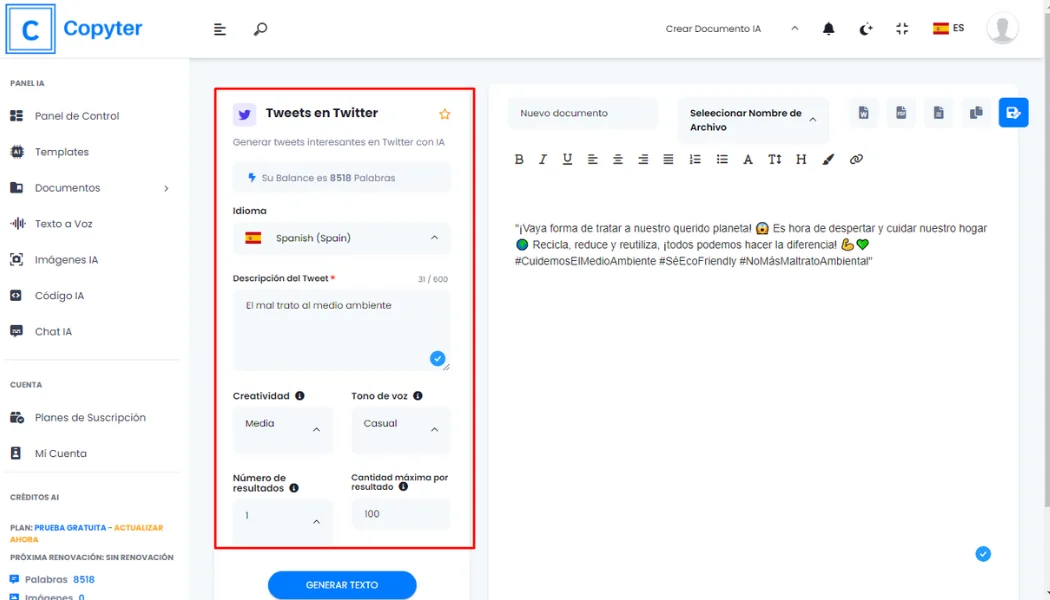 Copyter-Formular zum Generieren von Tweets Formular zum Generieren eines Tweets
