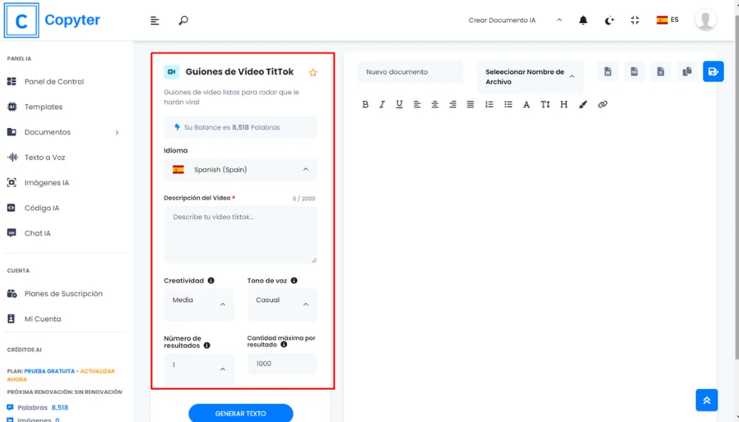 Formular zum Generieren von Copyter-Skripten Formular zum Generieren von Tiktok-Videoskripten