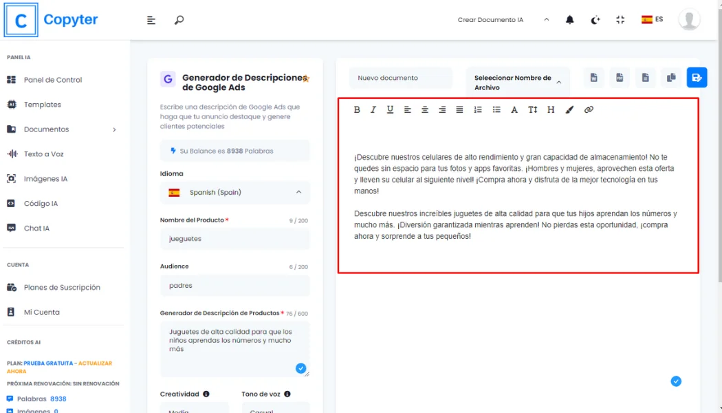 Ändern Sie generierte Google Ads-Beschreibungen von Copyter Bearbeiten Sie die Google Ads-Beschreibungen