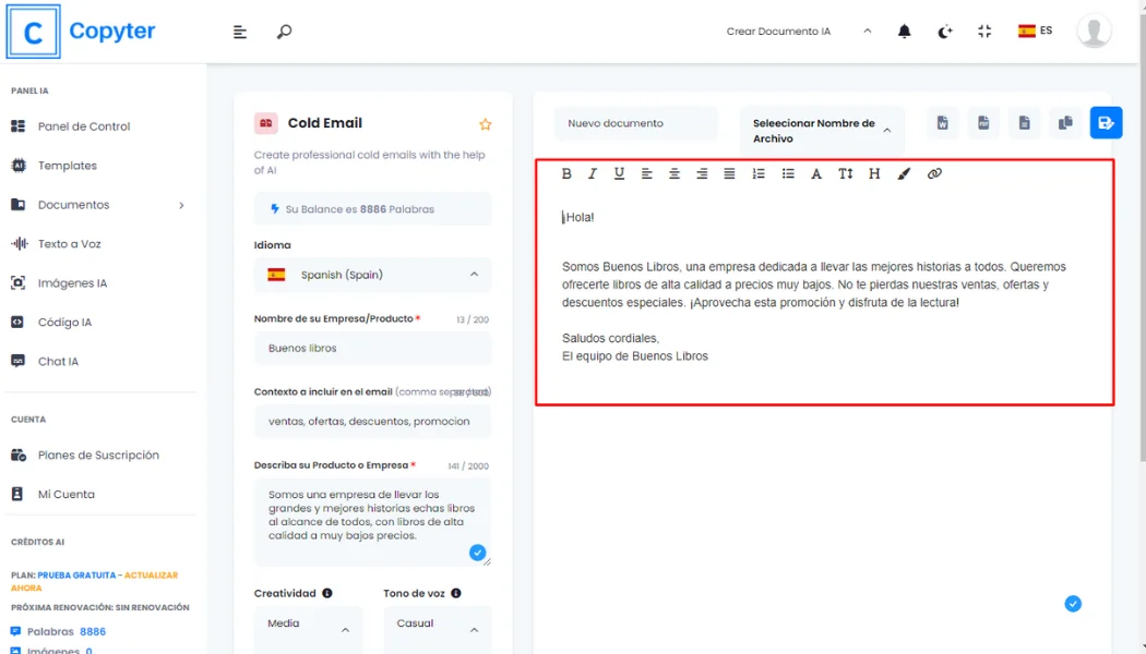 Option zum Bearbeiten von Copyter-Kaltmails Bearbeiten Sie generierte Kaltmails