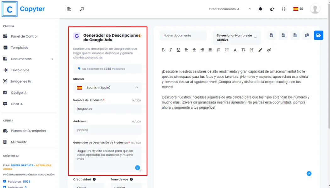 Formular zum Generieren einer Google-Anzeigenbeschreibung Formular zum Generieren von Google Ads-Beschreibungen