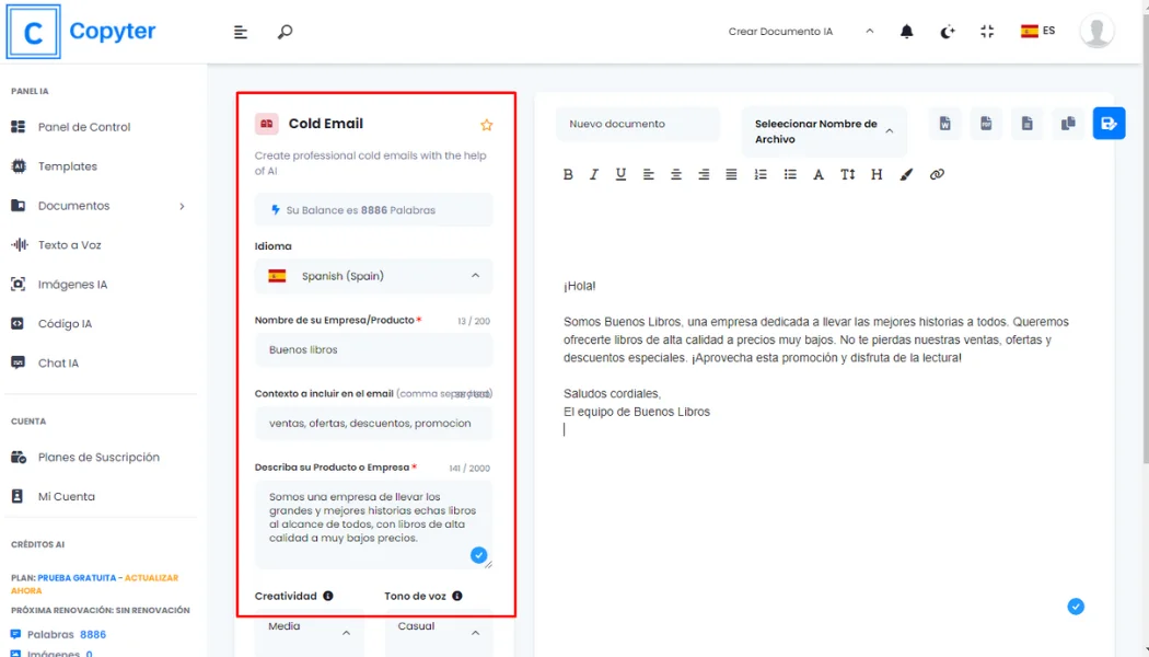 Formular zum Generieren kalter E-Mails in Copyter Formular zum Kaltmail-Generator
