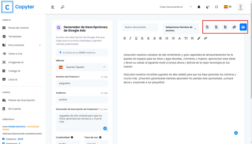 Speichern Sie die von AI Copyter generierte Google Ads-Beschreibung Speichern Sie Google Ads-Beschreibungen