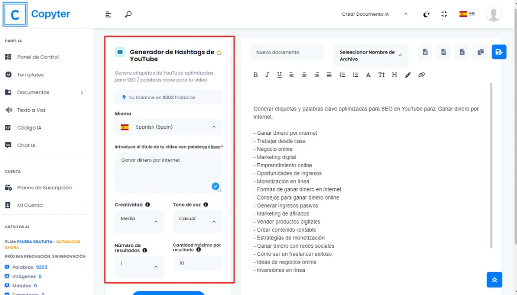 Parameters to generate Youtube Copyter label Youtube hashtag generator form