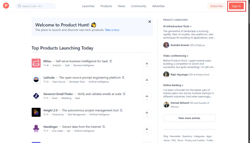 Start registering on Product Hunt