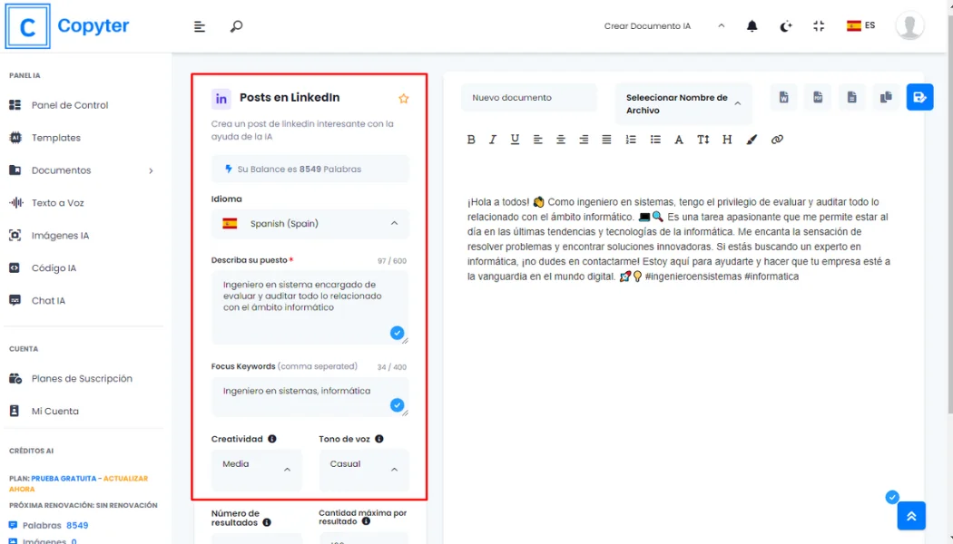 Formulaire pour générer des publications LinkedIn avec AI Copyter