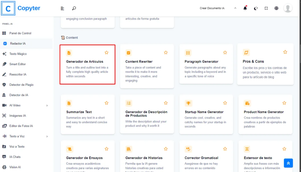 générer un article avec l'IA Générateur d'articles de Copyter