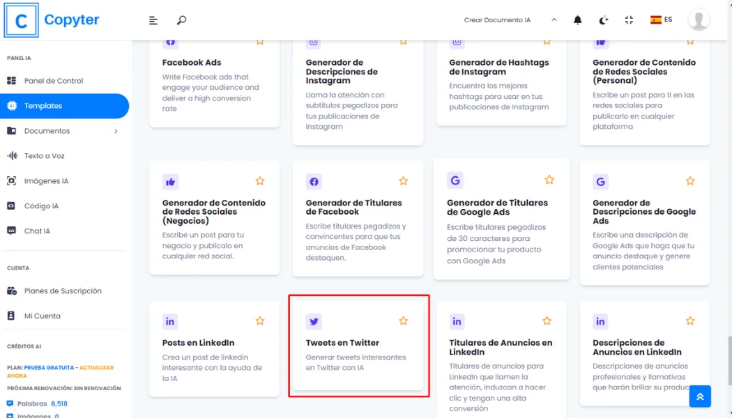 Escolha o gerador de tweets Copyter