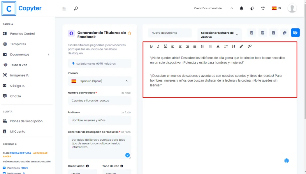 Editar titulares de Facebook Copyter