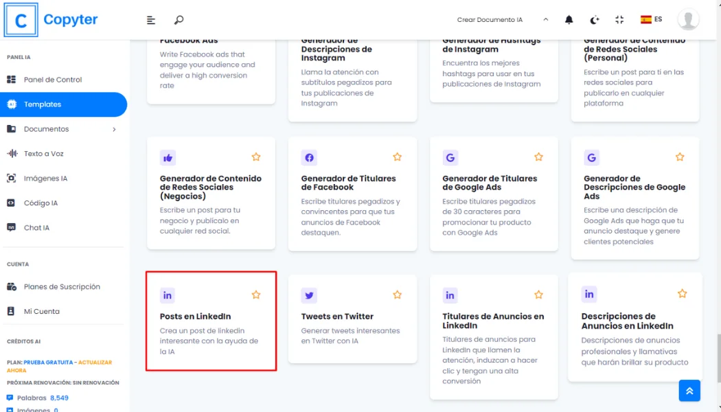 Elegir generador de publicaciones LinkedIn de Copyter