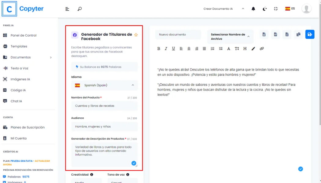 Formulario generador de titutales de Facebook Copyter