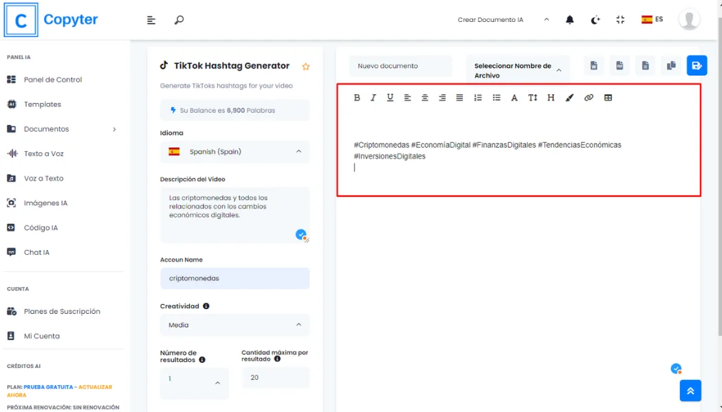 Verificar los hashtags generador por Copyter Editar hashtags generados