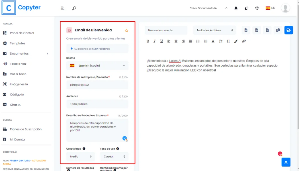 Formulario del generador de email de bienvenida