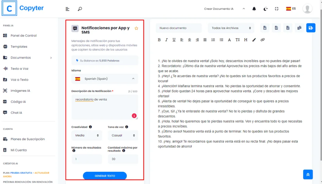 Formulario de generador de notificación de Copyter