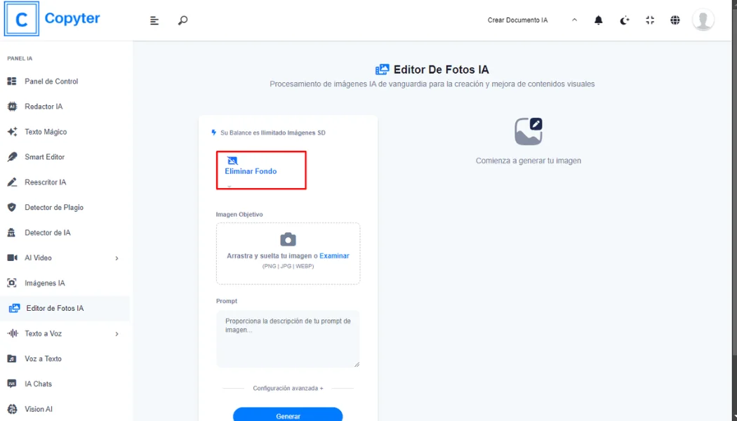 Función del Editor de fotos IA Copyter